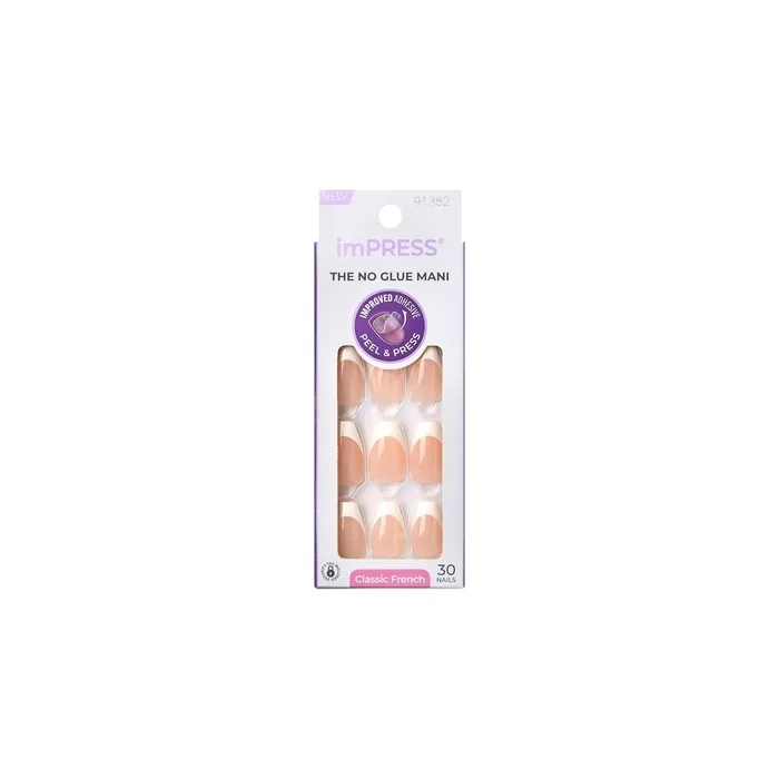 KISS imPRESS No Glue Mani Press-On Nails French Ideal Light Neutral White Tip Medium Size Coffin Shape Includes 30 Nails Prep Pad Instructions Sheet Manicure Stick Mini File