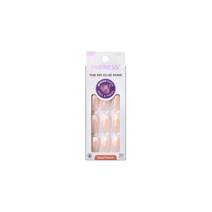 KISS imPRESS No Glue Mani Press-On Nails French Genuine Light Neutral White Tip Medium Size Coffin Shape Includes 30 Nails Prep Pad Instructions Sheet Manicure Stick Mini File