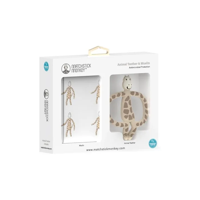 Matchstick Monkey Antimicrobial Teether & Muslin Gift Set 1 Animal Teether 1 Soft 100% Organic Cotton Muslin Gigi Giraffe