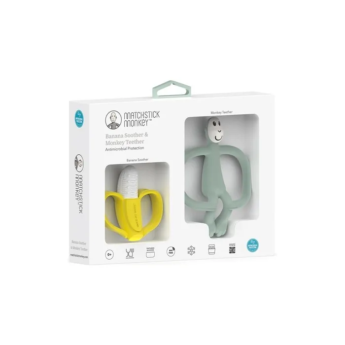Matchstick Monkey Antimicrobial Teething Gift Set 1 Banana Shaped Soother and 1 Animal Teether 3 Months Old+ Banana & Monkey