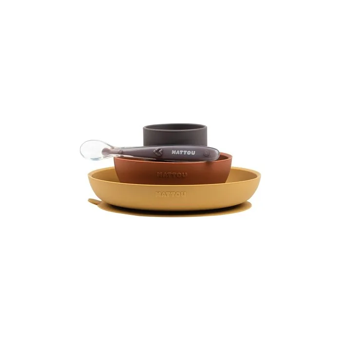 Nattou Silicone Tableware For Children, 4 Pieces, Plate + Bowl, Non-Slip, Bpa