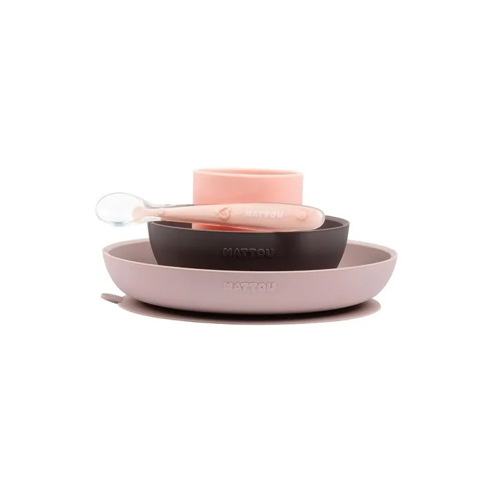 Nattou Silicone Tableware For Children, 4 Pieces, Plate + Bowl, Non-Slip, Bpa
