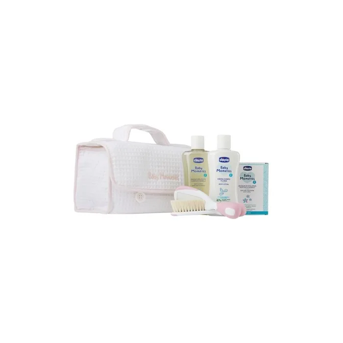 Chicco Baby Moments Set - 200ml Body Wash, 200ml Body Lotion, 100ml Perfume, Brush, And Cosmetic Bag