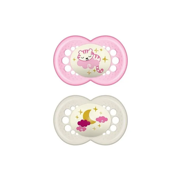 Mam Original Night Astro, Set With 2 Pacifiers Made Of Silicone, Pink, 6