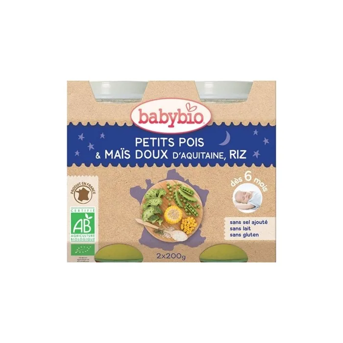 Babybio Good Night Peas Sweet Corn Rice 6 Months Organic 2 Pots 200g