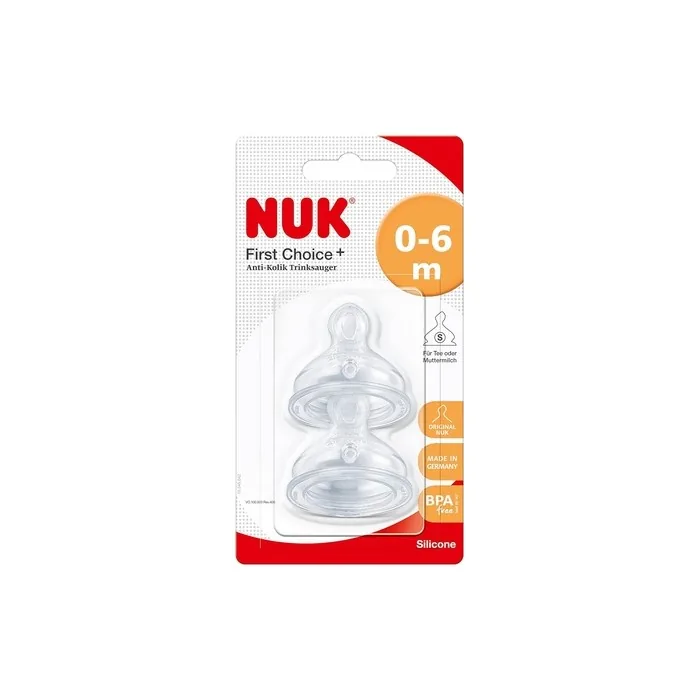 NUK First Choice+ Baby Bottle Teat 0-6 Months Silicone with Small Feed Hole Anti-Colic 2 Count Transparent