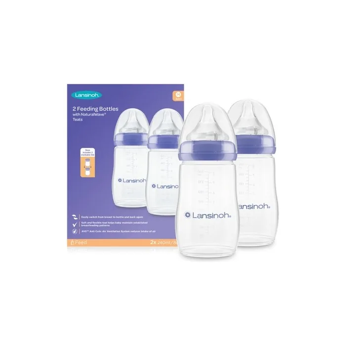 Lansinoh Anti Colic Baby Bottle 240ml 2 Pack Naturalwave Teats Reduces Nipple Confusion Bpa & Bpsfree Breastfeeding Bottle Feeding Stackable Lid Fridge Freezer Milk Storage Feeding