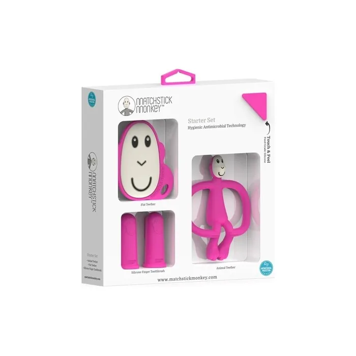 Matchstick Monkey Antimicrobial Teething Starter Set - 1 Flat Face Teether, 1 Animal Teether, 2 Silicone Finger Toothbrushes, Pink Monkey