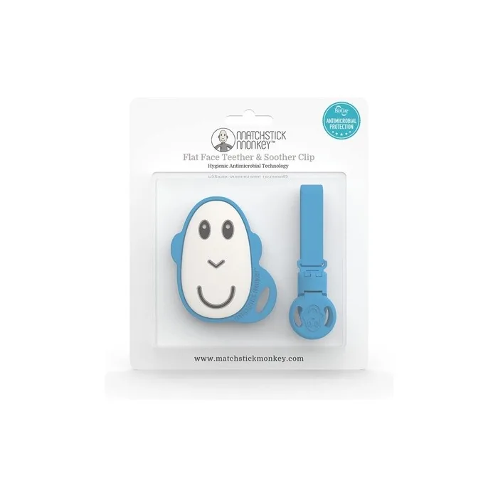 Matchstick Monkey Antimicrobial Silicone Flat Face Teether and Soother Clip Blue Monkey