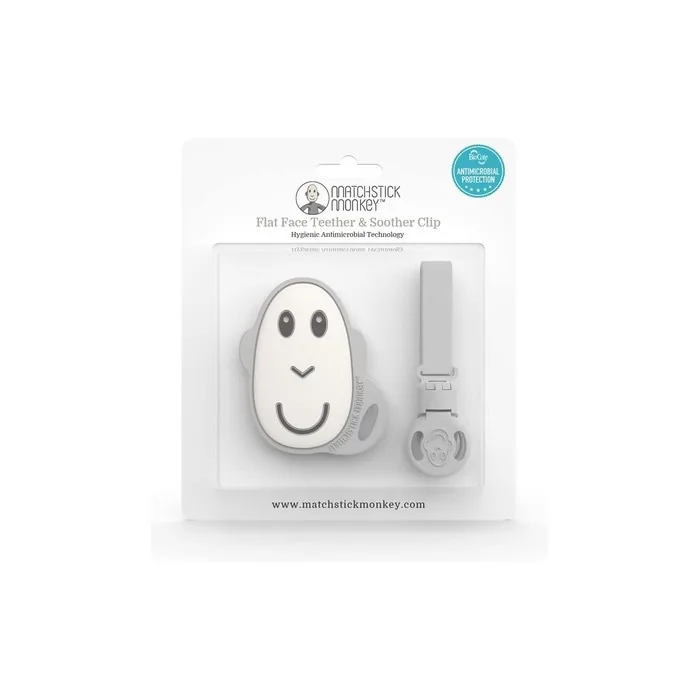 Matchstick Monkey Antimicrobial Silicone Flat Face Teether and Soother Clip Easy To Grip BPA Free Grey Monkey