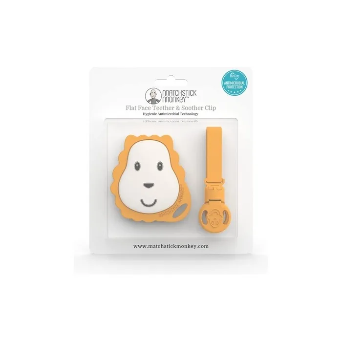 Matchstick Monkey Antimicrobial Silicone Flat Face Teether and Soother Clip Easy To Grip BPA Free 3 Months Old+ Ludo Lion