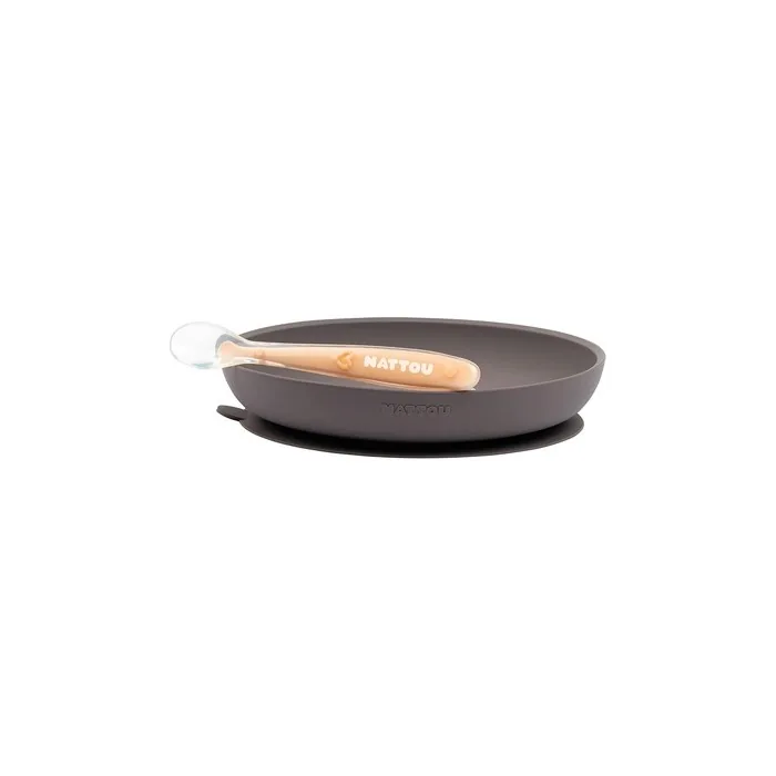 Nattou Silicone Tableware For Kids, Non-Slip Plate + Spoon, Bpa-Free