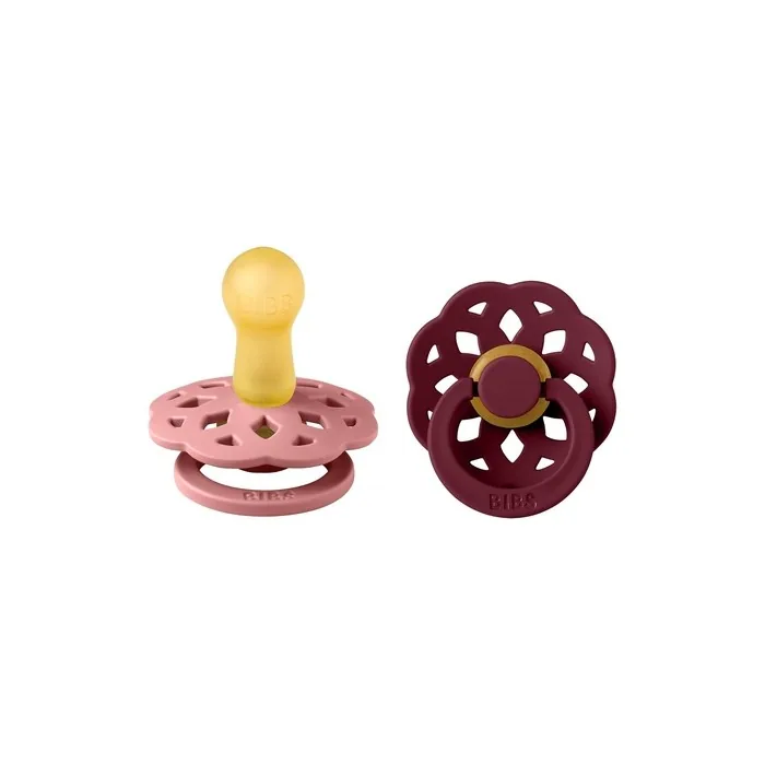 BIBS Boheme Soother 2-Pack BPA Free Dummy Pacifier Round Nipple Natural Rubber Latex Made in Denmark Size 2 6-18 Months Dusty Pink Elderberry