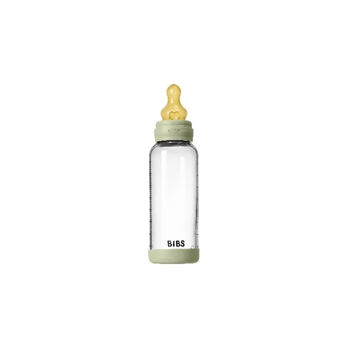 Bibs Glass Baby Bottle Round Latex Medium Flow - Sage - 240 Ml