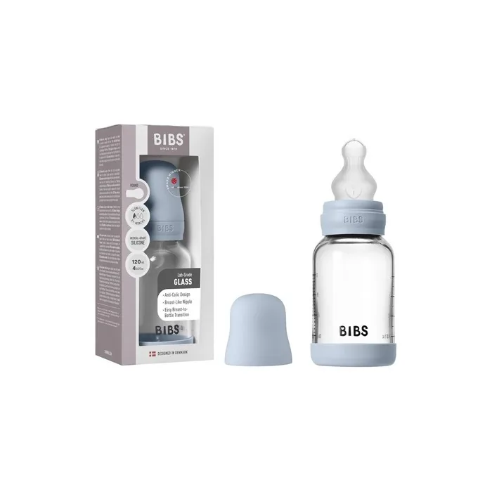 Bibs Baby Glass Bottle 120ml Anticolic Vented Round Silicone Teat