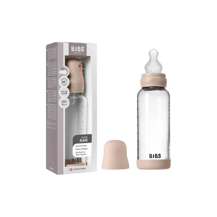 Bibs Baby Glass Bottle 240ml Anticolic Vented Round Silicone Teat