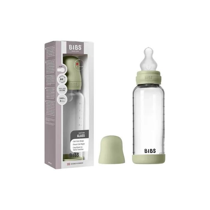 Bibs Baby Glass Bottle 240ml Anticolic Vented Round Silicone Teat