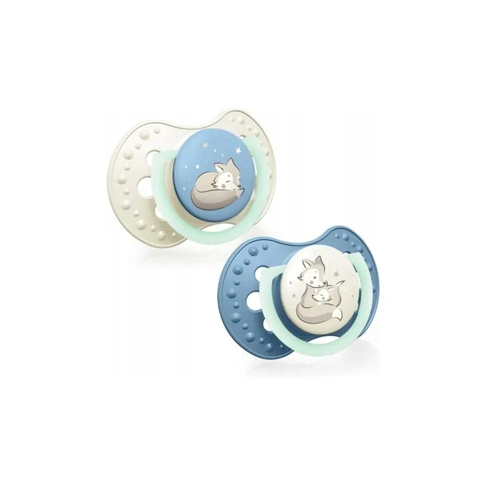 LOVI Dynamic Pacifier BPA-Free Silicone Pacifier with Additional Openings Glow in the Dark Pacifier Hygiene Cover Blue 18m+ Night & Day Boy