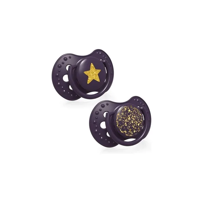 LOVI Silicone Pacifier 6-18 Months BPA-Free with Hygiene Cover Stardust Collection 2 Pack Violet