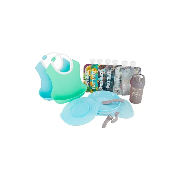 TWISTSHAKE Click-mat Mini Children's Crockery Set Bundle with Bibs, Drinking Bottle, and Squeeze Bags - Pastel Blue/Pastel Green
