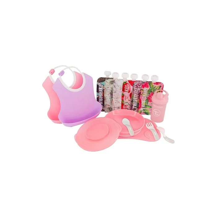 Twistshake Click-Mat Mini Children's Crockery Set Bundle with Bibs, Drinking Bottle, and Squeeze Bags - Pastel Pink/Pastel Purple