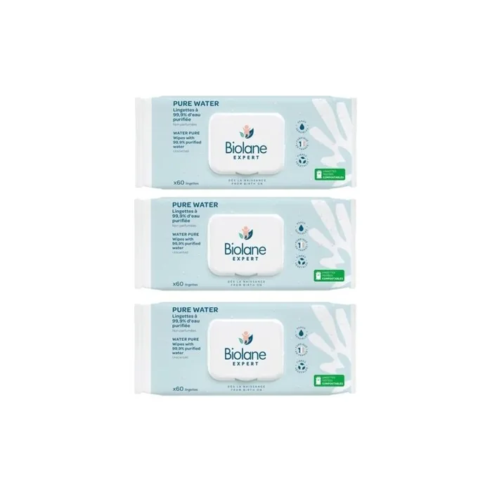Biolane Expert Pure Water Wipes 60 Wipes - Pack of 3