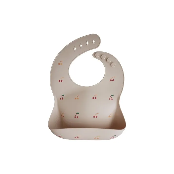 Mushie Baby Silicone Bib Adjustable Fit Waterproof Bibs Easy Wipe Baby Feeding Bibs 4 Adjustable Sizes with Deep Front Pockets 100% BPA and Phthalate Free Cherries