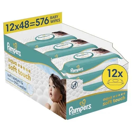 Pampers Aqua Soft Touch Baby Wipes 12 Packs of 48 Wipes