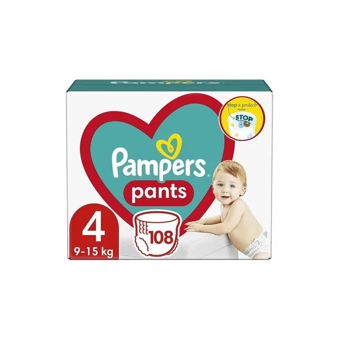 Pampers Pants Diapers Size 4 108 Diapers 9-15kg with Pouch Stop & Protect Anti Leaking Back