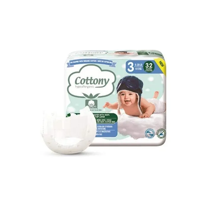 Cottony Diapers With Organic Cotton, 32 Diapers, Size 3 4-9 Kg