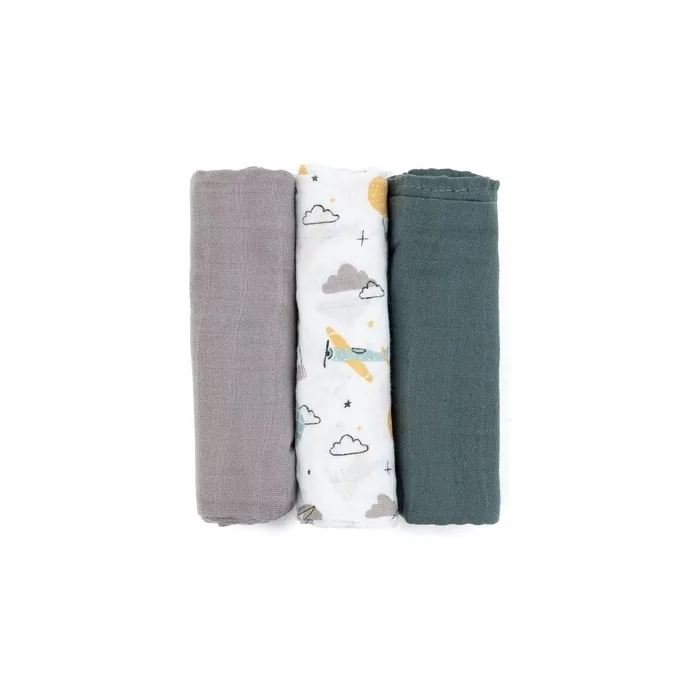 Petite&Mars Moussy Cloth Diapers Grey Planes 68 X 68 Cm Pack Of 3