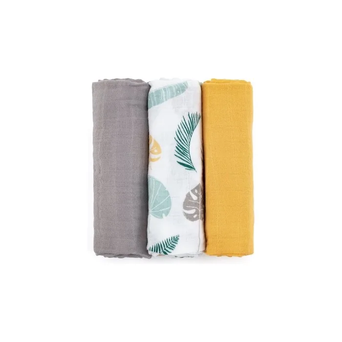 Petite&Mars Moussy Cloth Diapers In Ochre Leaves 68 X 68 Cm 3 Pcs