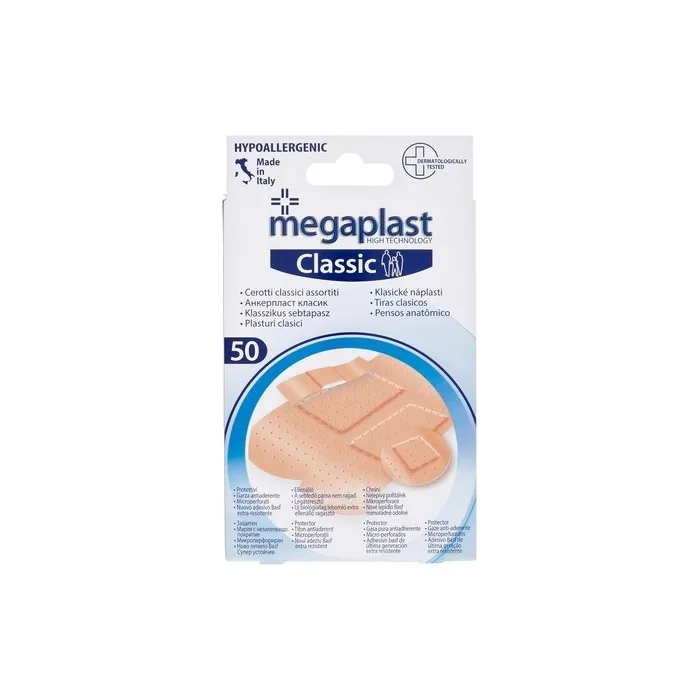 PARODI & PARODI Megaplast Classic Assorted Adhesive Bandages 50 Pieces - Sterile, Hypoallergenic