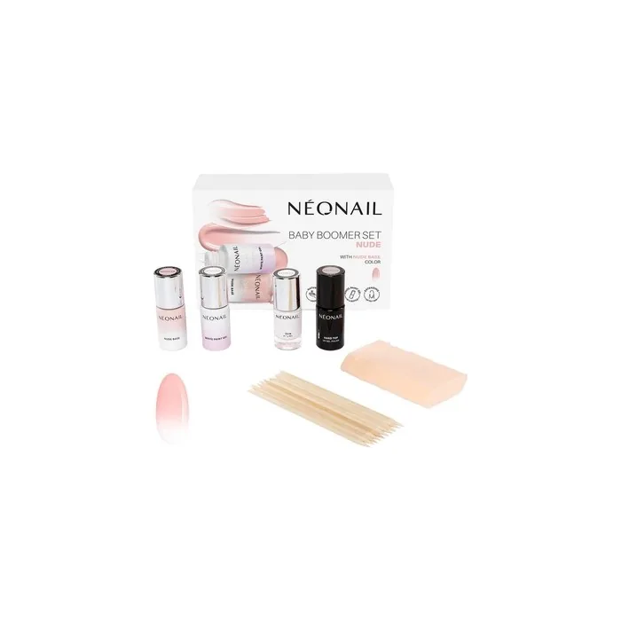 Neonail Baby Boomer Nude Nail Base Set - 7.2ml Base, 6.5ml White Hybrid Nail Polish, 7.2ml Top Coat, 10 Wooden Sticks, 8 Ombre Sponges