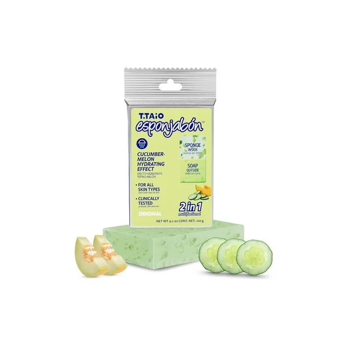 T.Taio Esponjabon Soap Sponge Cleansing Shower Scrubber Cleaning Bath Wash Scrub Oil Removal Massage & Lather Foot Elbow & Face Bathroom Accessories Cucumber & Melon Soap