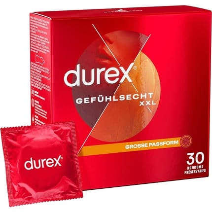 Durex Gefühlsecht XXL Condoms Thin Condoms with Large Fit and Silicone Lubricant Transparent Pleasant Smell 30 Condoms