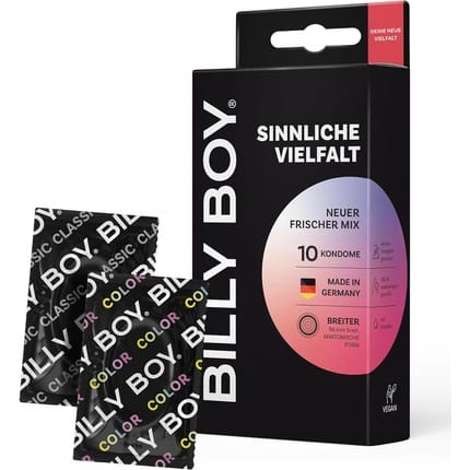 BILLY BOY Condoms Sensual Variety 10 Pack Wide Fit 56mm with Gentle Colors and Ribbed Condoms Pack of 10