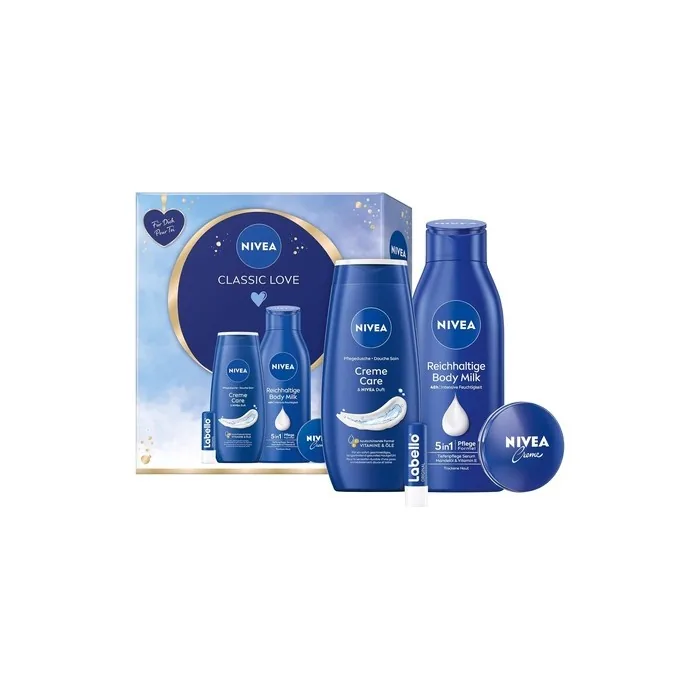 NIVEA Classic Love Gift Set Care Set with Moisturizing Care Products Gift Box with Shower Nourisher Labello Body Milk and NIVEA Cream