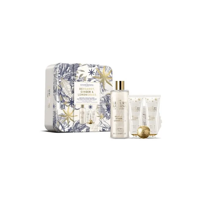 The Luxury Bathing Company Body Care Gift Set in Tin with Bergamot, Ginger & Lemongrass