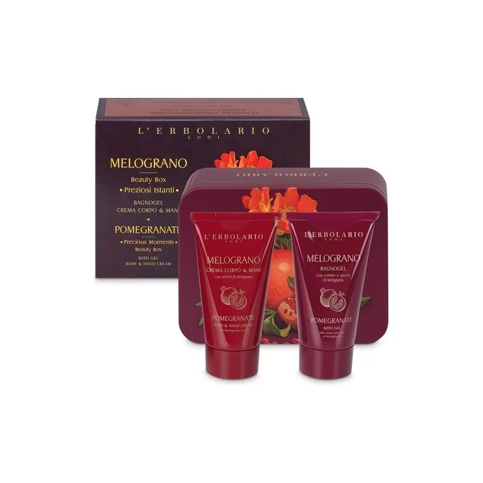 L'Erbolario Instant Beauty Box Elegant Limited Edition Tin Gift Box with Pomegranate Bagnogel 75ml and Body Hand Cream 75ml