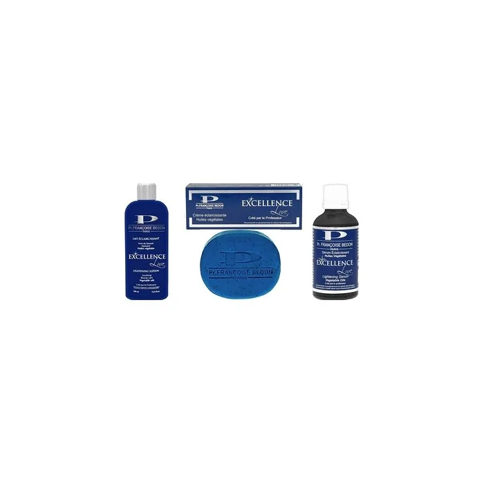 Pr. Francoise Bedon Lightening Complete Line of Excellence Set Body Lotion 16.8oz Cream Tube 1oz Serum 1.7oz Exfoliating Soap 7oz