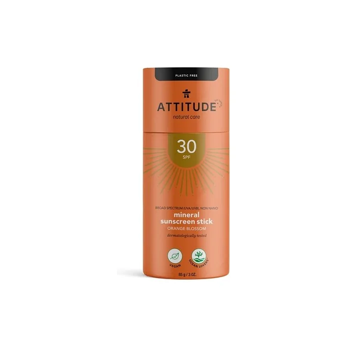 ATTITUDE Sunscreen Stick SPF 30 Plastic-Free Waterless Hypoallergenic Vegan Suncare Orange Blossom 85g