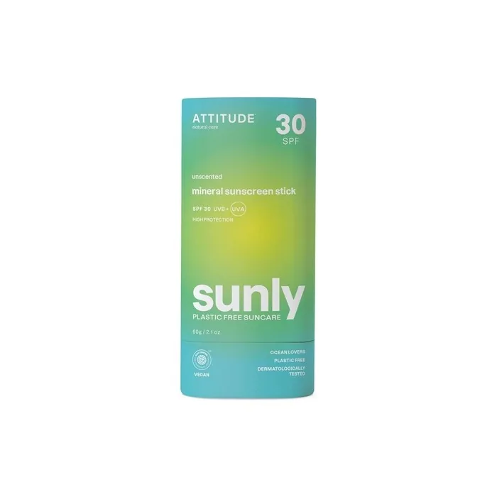 ATTITUDE Mineral Sunscreen Stick with Zinc Oxide SPF 30 EWG Verified Plastic-Free Broad Spectrum UVA/UVB Protection Dermatologically Tested Vegan Unscented 60g