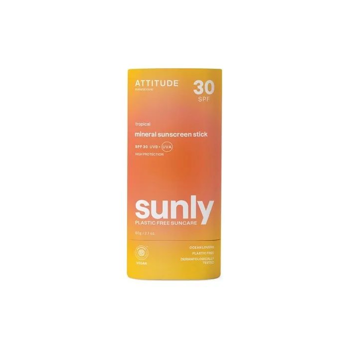 ATTITUDE Mineral Sunscreen Stick with Zinc Oxide SPF 30 EWG Verified Plastic-Free Broad Spectrum UVA/UVB Protection Dermatologically Tested Vegan Tropical 60g