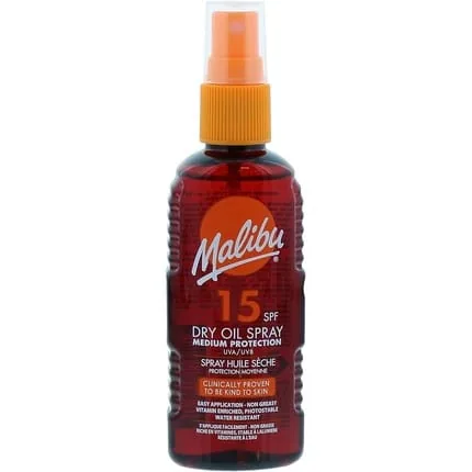 Malibu Sun SPF 15 Non-Greasy Dry Oil Spray for Tanning Medium Protection Water Resistant 100ml