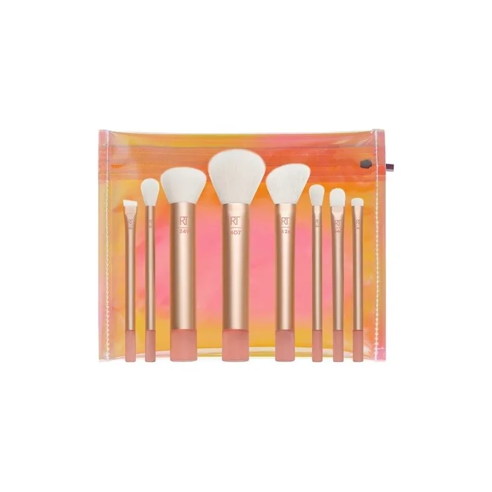 Real Techniques The Wanderer Makeup Brush Set Premium and Professional Soft Bristles for Foundations Powders Concealers 9-Piece Set Gold