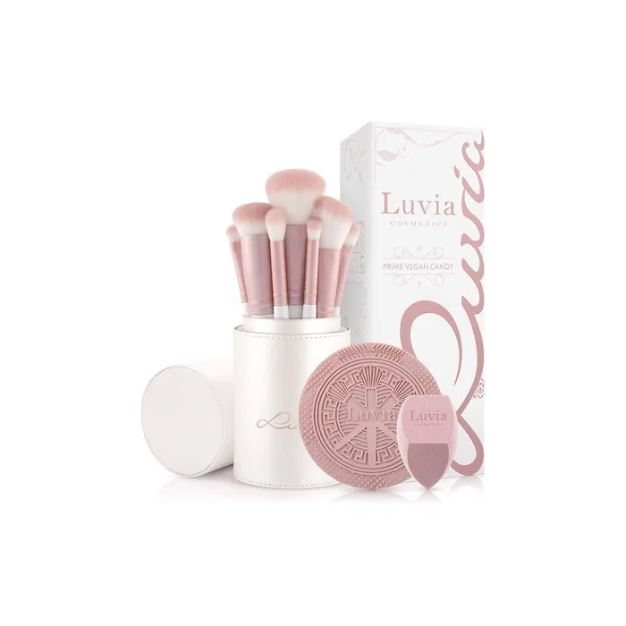 Luvia Prime Vegan Pro Candy Makeup Brush Set 7 Brushes with Storage, Blender Sponge and Cleaning Mat Mother of Pearl and Pearl Pink