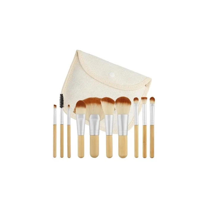 T4B MIMO Set Travel Size Bamboo Makeup Brushes With Cotton Case 10 Pieces Brown