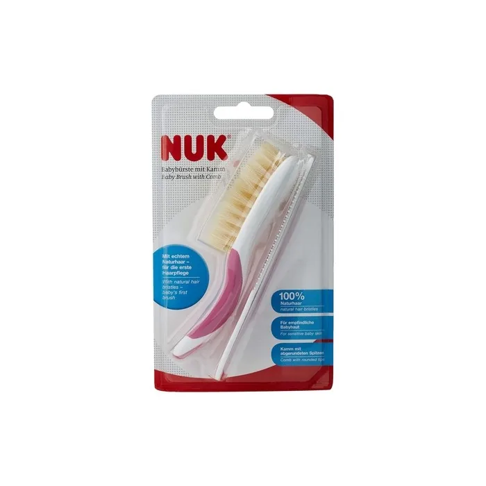 NUK Baby Brush 100% Natural Hair with Rounded Tip Comb Pink