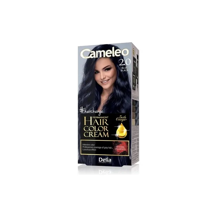 Cameleo Permanent Hair Colour Cream Blue Black Intensive Color & Protection 5 Oils + Omega Plus Acids Professional Luxurious Hair Dye Full Kit 2.0 Blue Black